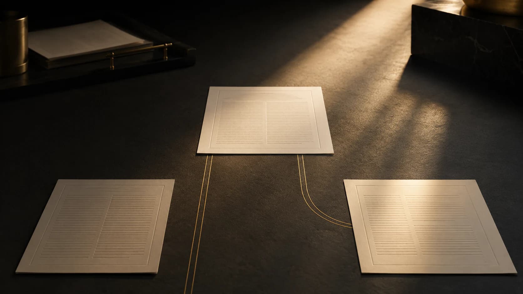 A legal document branching into two regulatory paths across a dark desk, with one path leading to a close duplicate and the other to an adapted document.