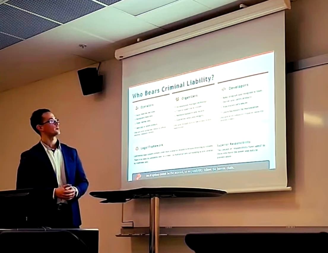 Presentation slide titled Who Bears Criminal Liability at the 40th Nordic Conference on Law and IT.