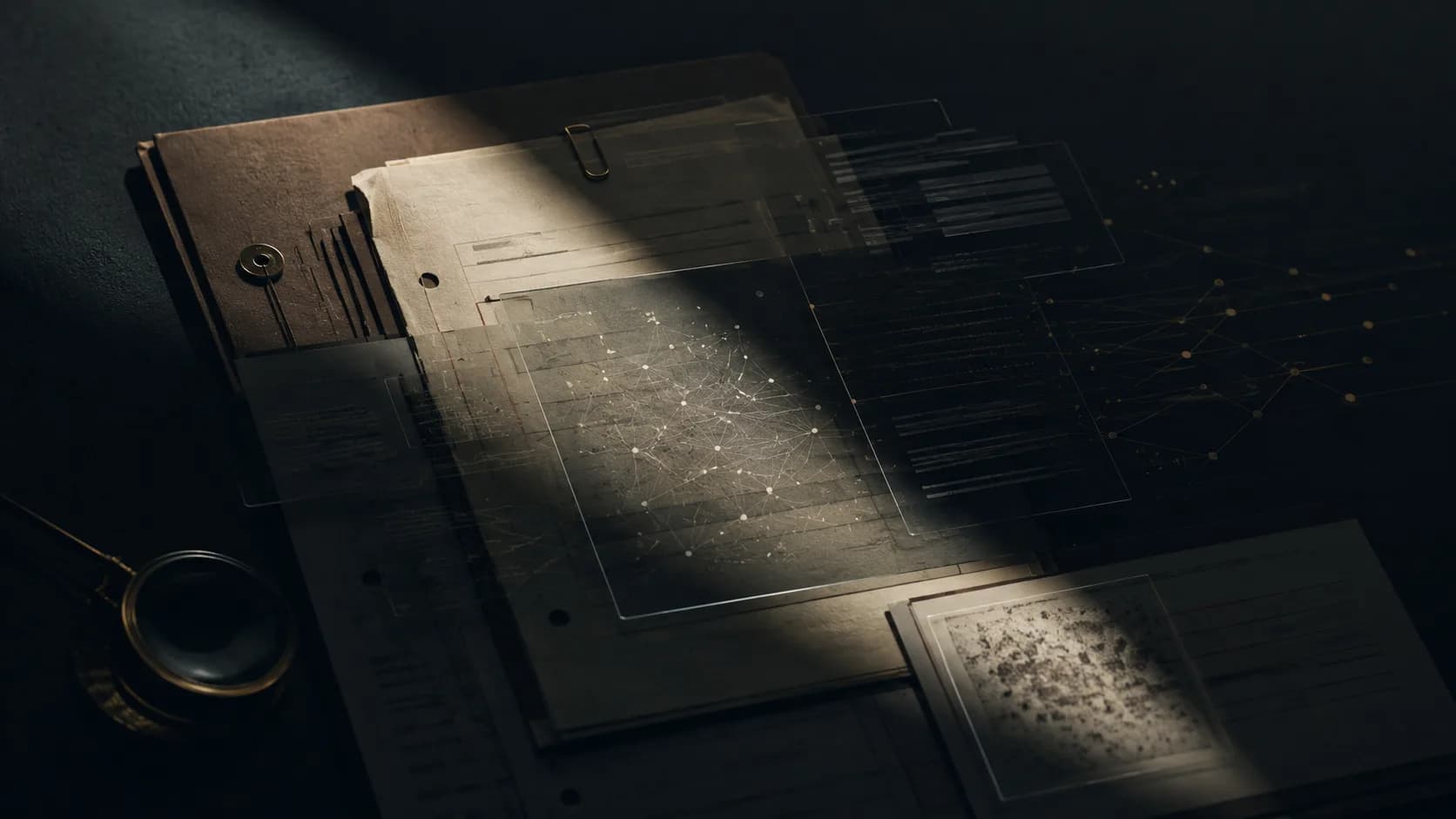Layered legal documents and translucent digital evidence overlays, suggesting evidence that is admitted in criminal procedure but difficult for the defence to examine.